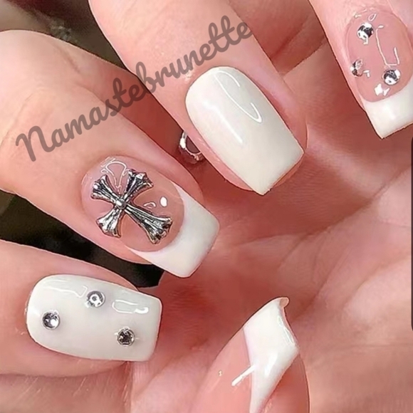 2/$16 Rhinestone Cross French Manicure Press on Nails - Picture 9 of 16